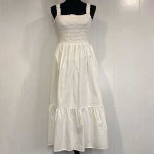 GAP Midi Sundress | Smocked Bodice Ruffled Hem Bright White Cotton | Size Small